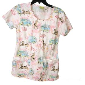 Scooby‎ Doo Floral Love Peace Ruffle Lettuce Edge Scrub Top White Pink XS